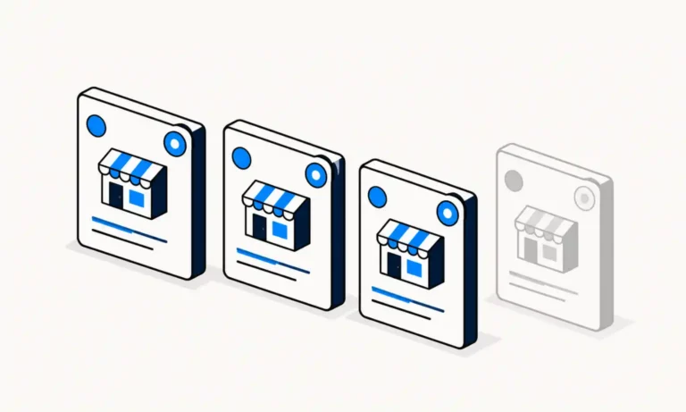 Illustration of four business profile cards, with one faded card, representing AI choosing which businesses to recommend.