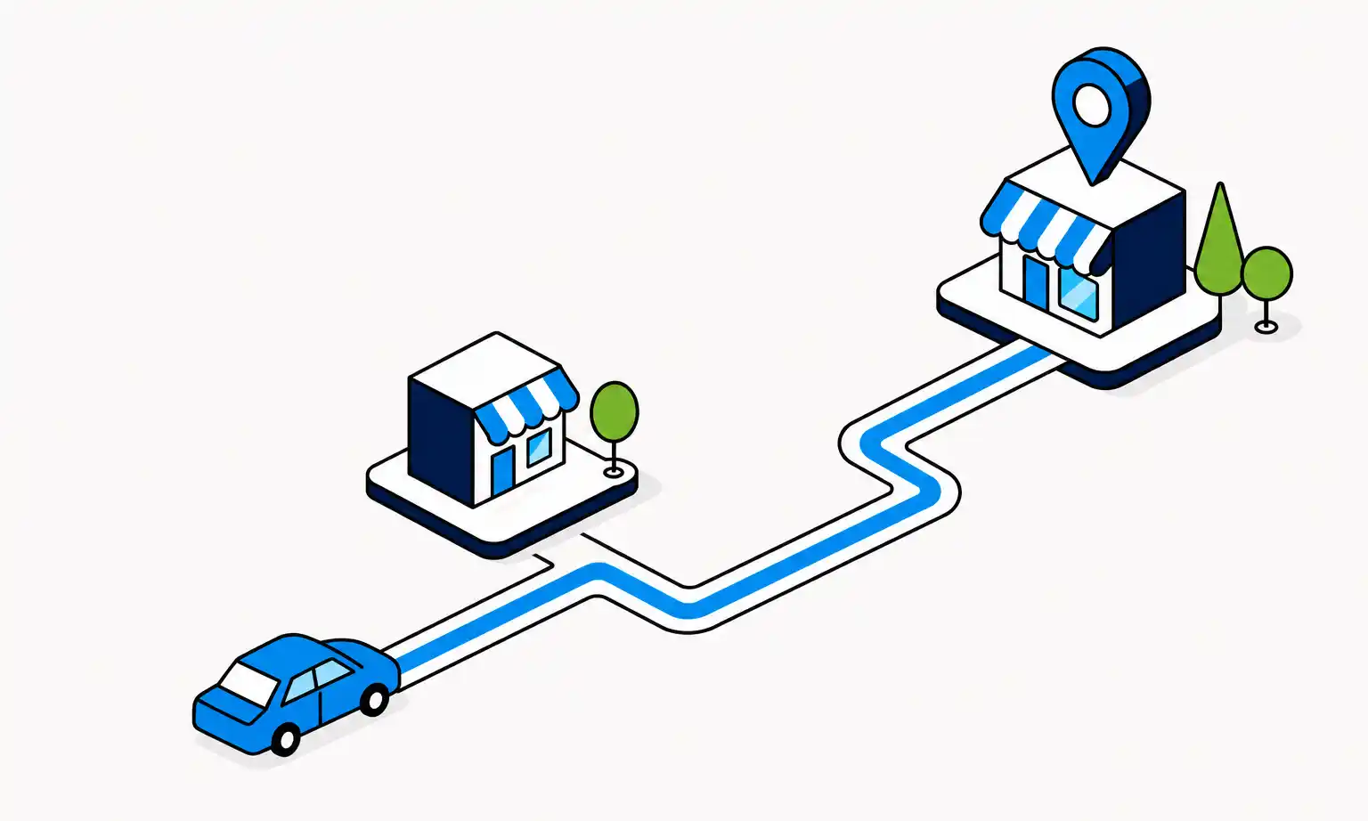 Illustration of how AI recommends local businesses, showing a car on a road between two businesses with a location pin above the farther one