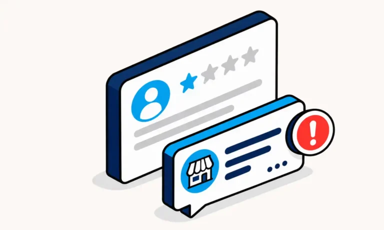 Google review reply reported illustration with customer review, business response, and red warning icon