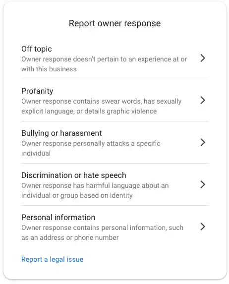 Google review reply reported for off-topic content, profanity, harassment, hate speech, or personal information