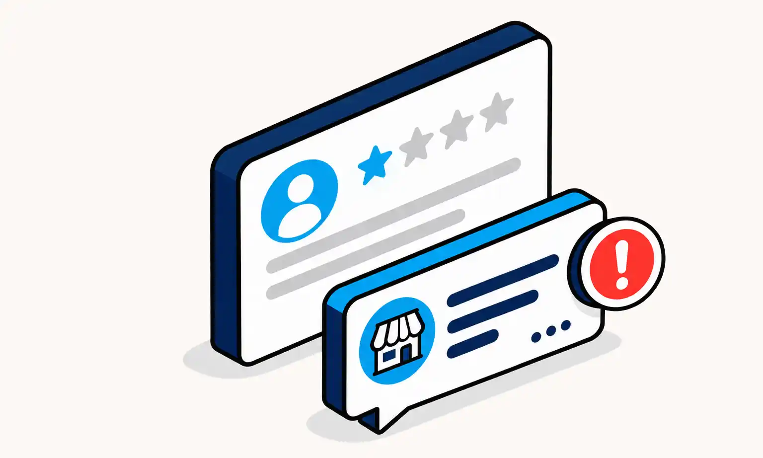 Google review reply reported illustration with customer review, business response, and red warning icon