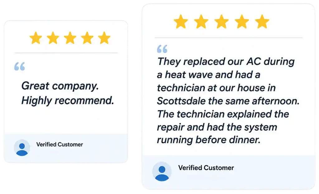 Customer review example for an HVAC technician providing heat wave repair service in Scottsdale.
