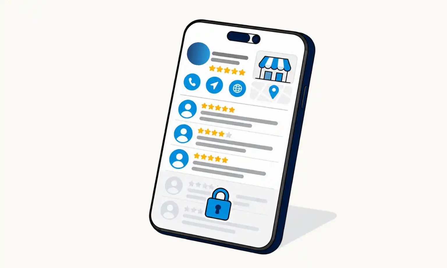 Illustration of Google reviews and AI search showing a smartphone with star ratings, customer reviews, and a padlock representing restricted access.